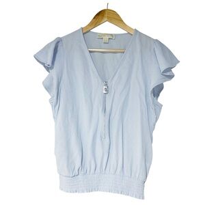Michael Kors Light Blue Blouse Ruffled Sleeves V Neck w/Zipper Women’s Top Sz S